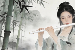 唯美古风美女 笛子 竹林 水墨风3440x1440带鱼屏壁纸免费