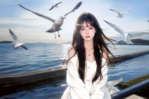 4K高清天空湖面白衣长发美女与海鸥横版壁纸3840x2160免费下载