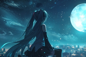 初音未来摩天大楼天台4K带鱼屏壁纸3440x1440免费下载