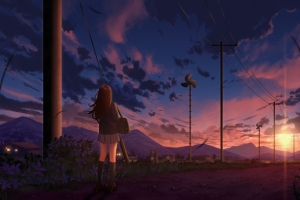 日落 动漫女孩 背影 望向远方 晚霞 乡村 4k壁纸