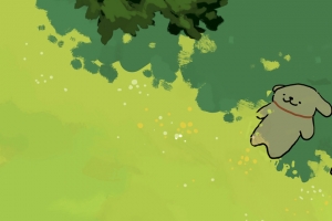 线条小狗绿色树荫3440x1440带鱼屏高清动漫壁纸免费下载