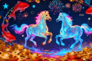 2026马年 两匹马儿 鲜花 鲤鱼 元宝 喜庆节日4k壁纸