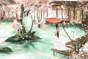 中国风唯美水边庭院男子海报背景