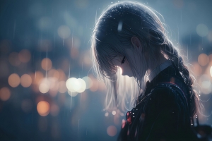 双马尾少女 夜景 灯光 雨中 悲伤 4K壁纸