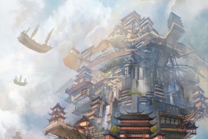 动漫插画天空古城