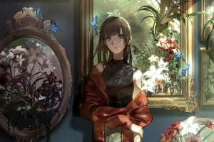 动漫美女室内画框鲜花蝴蝶 4K高清壁纸3840x2160免费下载
