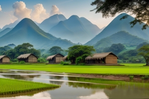 乡村 美丽风景 山峰 树林 房子 水稻 禾苗 乡间农田风景4K壁纸