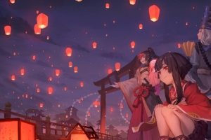 阴阳师 小姑娘 小孩 同人画 孔明灯 3440x1440壁纸