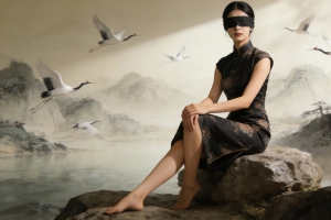 国风 旗袍美女 蒙眼 仙鹤 4k壁纸