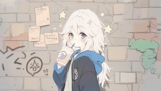 动漫女孩 奶茶 可爱背景墙 4k壁纸