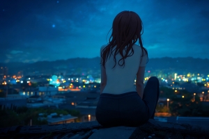 夜晚小镇女孩静坐背影 4K超清全面屏车机壁纸3840x2160免费下载