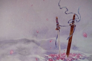 落花雪地双剑古风手绘