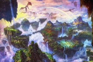 天空 空中 山 水 瀑布 植物 自然 仙境 唯美艺术风景画4k壁纸