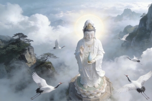 观音菩萨神像 玉净瓶 高山 云雾缭绕 仙鹤 4K壁纸
