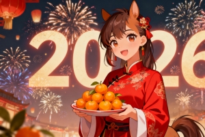 2026新年 红色衣服女孩姑娘 桔子 烟花 喜庆 4K壁纸
