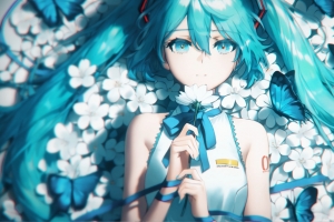 miku初音未来 白色花瓣 蝴蝶 4K壁纸 3840x2160