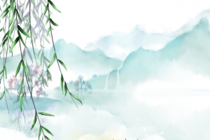 古风亭台柳叶桃花风景图