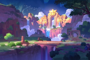 悬崖瀑布山脉草地桥梁石拱门绘画风景4K高清壁纸4096x2458免费下载