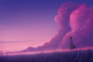 天空云朵星星田野与孤独女孩背影草地高清车机横屏壁纸5433x2480免费下载