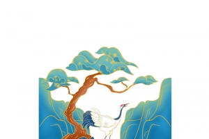 中国风装饰松树仙鹤远山插画