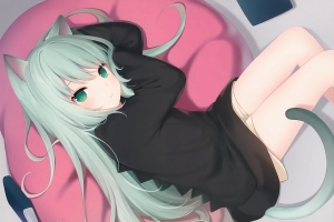 猫羽雫 绿色眼睛女孩 兽耳 尾巴 4k动漫壁纸