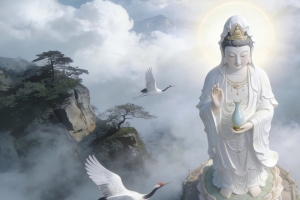 观音菩萨玉净瓶高山云雾缭绕仙鹤3440x1440高清带鱼屏壁纸免费下载