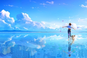 女孩和小狗 天空海水倒影风景 3440x1440带鱼屏壁纸
