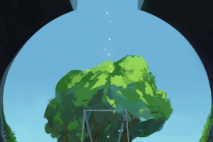手绘绿色大树现代风景