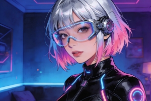 赛博朋克风格房间短发戴眼镜女孩车机4k高清壁纸3840x2160免费下载