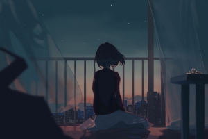 少女 女孩子 城市 窗帘 晚上 星星 夜晚风景 4k动漫壁纸