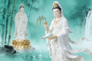 观音菩萨玉净瓶竹林瀑布4K高清宗教壁纸3840x2160免费下载