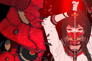 红色眼睛动漫女孩 面具 3440x1440带鱼屏壁纸