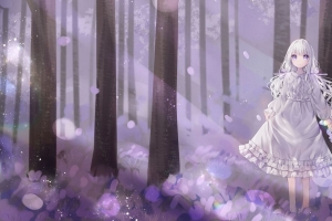 女孩 花环 连衣裙 森林 动漫 艺术 紫色 4k壁纸 3840x2160