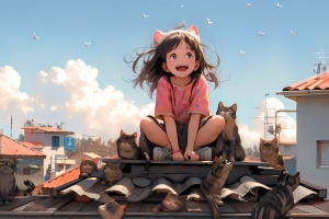 屋顶小女孩与小猫 2880x1800高清壁纸 免费下载