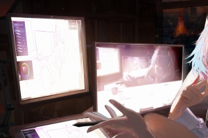 女画师红色眼睛专注画画 3440x1440 4K高清动漫壁纸免费下载