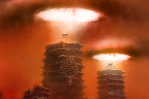 玄幻红色天空魔塔海报背景