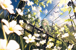 女孩 微笑 花朵 田野 树篱 夏天 动漫 4k壁纸 3840x2160