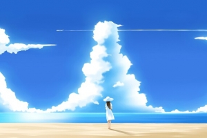 云层动漫沙滩女孩海报背景高清PNG透明卡通手绘设计素材免费下载