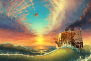 手绘，纸飞机，纸船，大浪，夕阳，天空