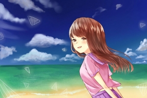 女孩 一瞥 大海 海滩 动漫 4k壁纸 3840x2160