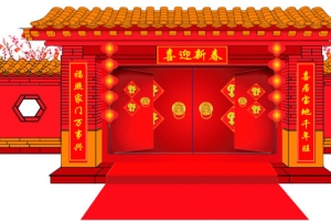 红色古风大门对联图片