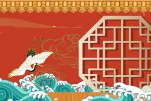 红色海上白鹤背景墙