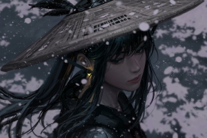 武士美女 斗笠 雪 4k动漫壁纸