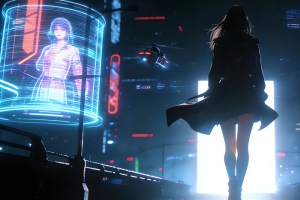 赛博朋克 暗黑 女孩背影 门 光影 3440x1440带鱼屏壁纸