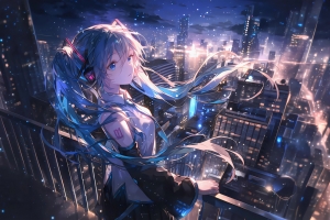 初音未来城市夜晚星空2880x1800高清壁纸免费下载