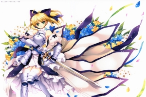 女孩 鲜花 微笑 剑 盔甲 saber4k动漫壁纸