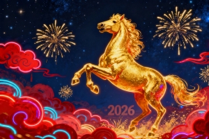 2026年金色骏马 夜晚 烟花 红色祥云 4K壁纸