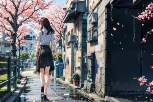 樱花 动漫女孩 白衬衫 黑色百褶裙 4k壁纸