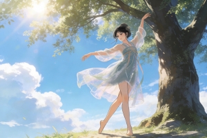 晴空 蓝天白云 树下 少女 舞蹈 4k壁纸