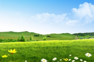 小清新蓝天白云绿草地3440x1440风景壁纸